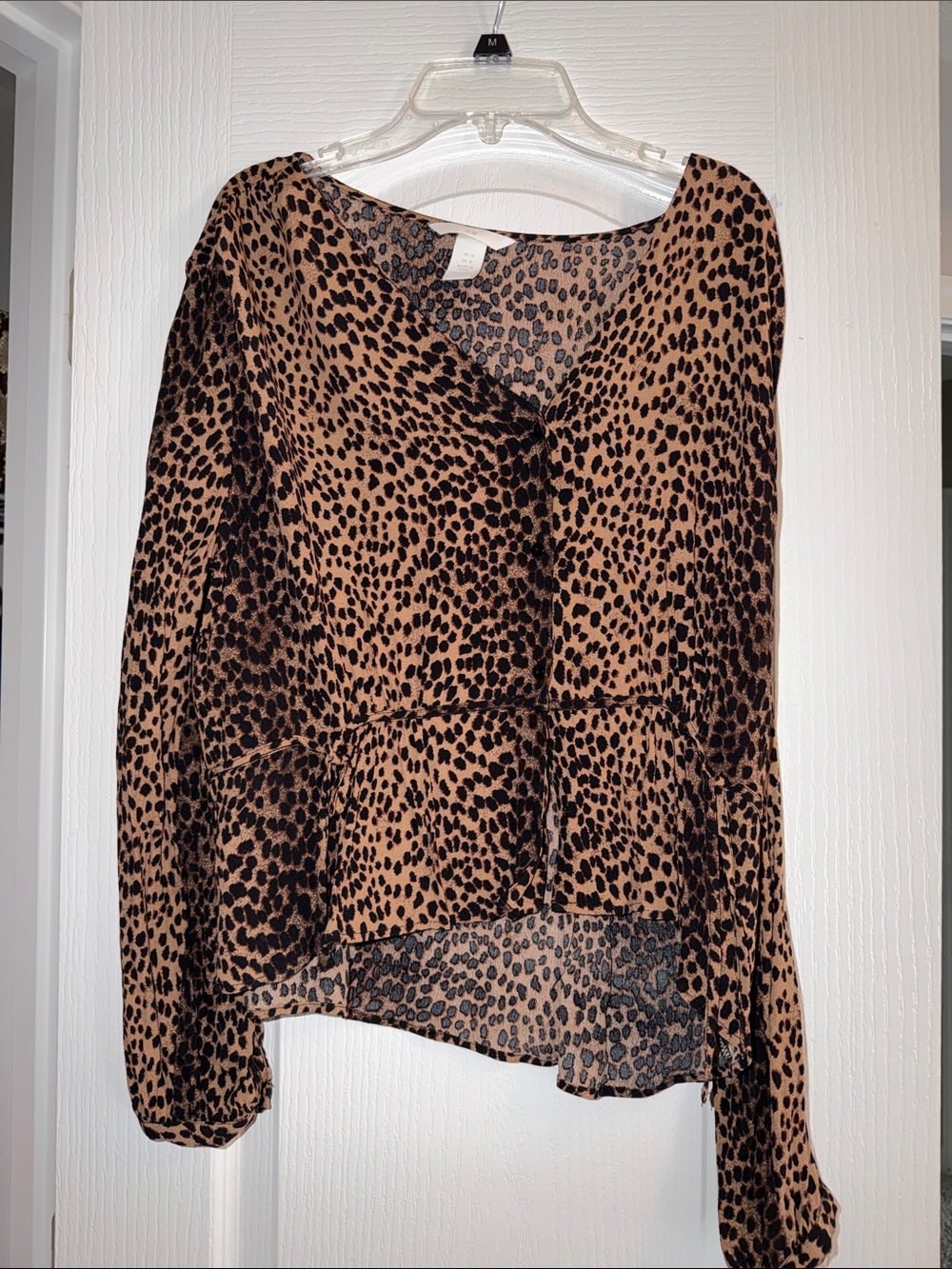 H&M Brown and Black Leopard Print V-Neck Peplum Blouse